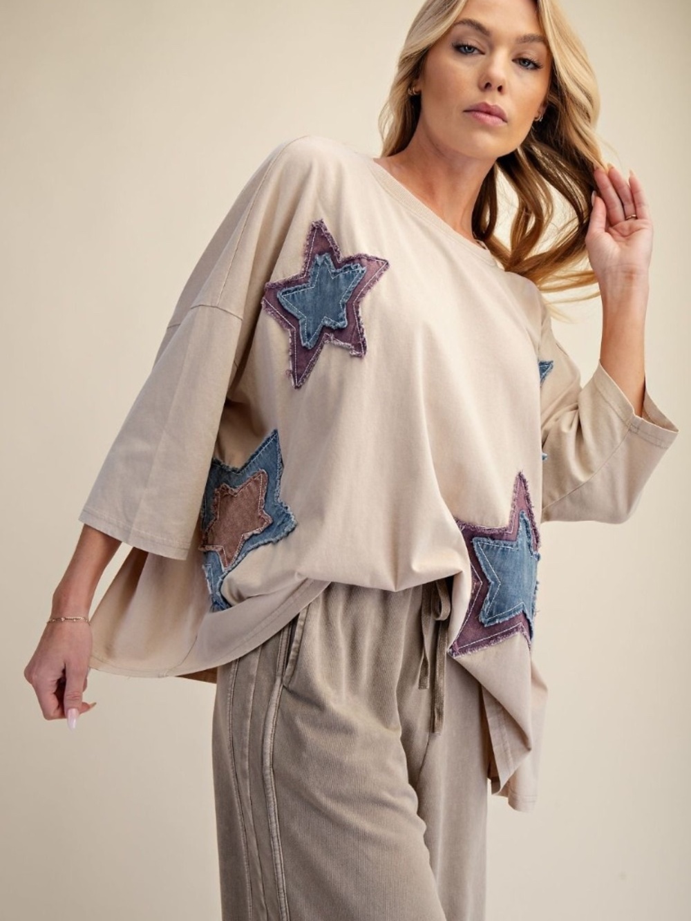 New Easel Mineral Wash Star Patchwork Patch Top Shirt Pullover Cotton Oversized - Picture 3 of 8